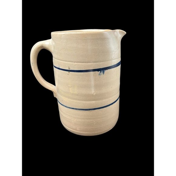 Vintage Salt Glaze Cobalt Blue Stripe Pottery Pitcher 7.75" Hand Thrown - Picture 1 of 14